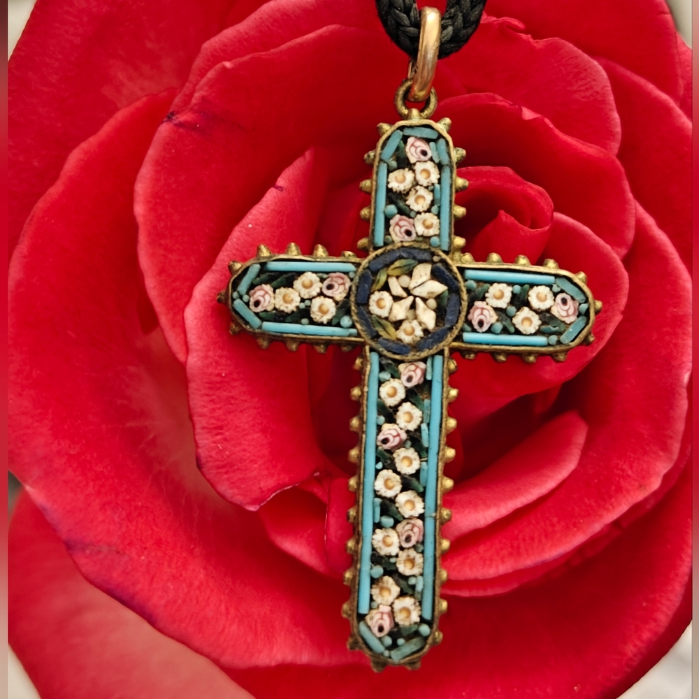 Antique Italian Mosaic Cross Pendant Necklace
